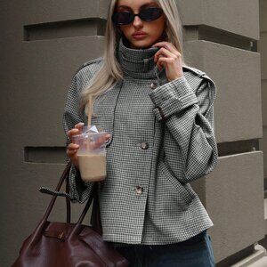 Black And White Casual Women's Loose Houndstooth print Jacket